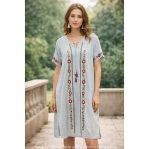Orange Creek Embroidered Boho Tunic Dress Rayon Linen Blend Size L